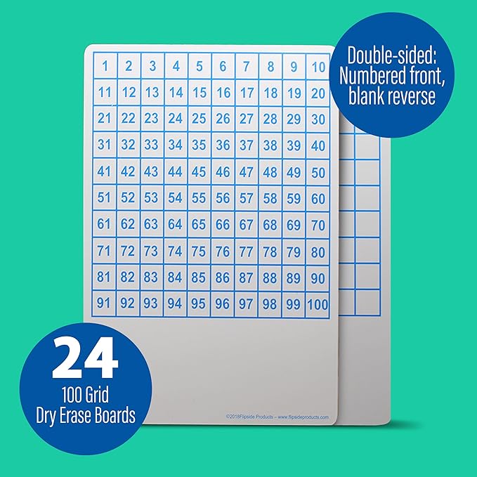 Flipside Products 9" x 12" Two Sided Dry Erase Board Hundreds Grid, Learn to Count, Counting Aid, Number Chart, Classroom and Home, Pack of 24