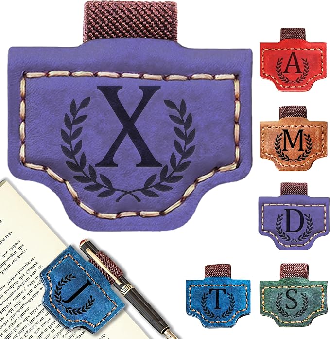 Personalized Leather Magnetic Bookmark with Pen Holder, Bookmark 26 Letters Name Initial Bookmarks for Readers, Book Lover Gifts for Women Men Notebook Accessories (Purple, X)