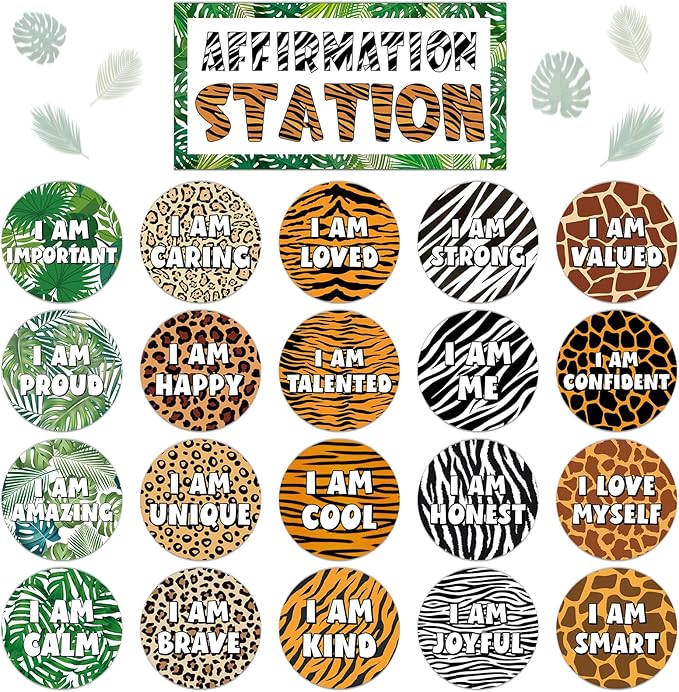 Jungle Animals Affirmation Station Bulletin Board Set Safari Forest Positive Bulletin Board for Classroom Growth Mindset Decor Inspirational Motivational Accent Cutouts for Home School Teachers Supply