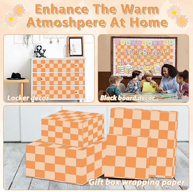 Hippie Orange Checked Bulletin Board Paper Roll Retro Orange Bulletin Board Background Paper Back to School Classroom Decor Poster for Art Craft DIY Project Home Office Party Supplies 17.7in x 20ft