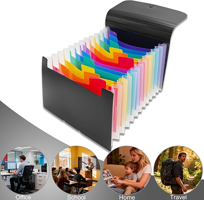 3x5 Index Card Holder, Flashcard Organizers, 13 Pockets Small Expanding File Folder for Notecard Check Sticker Coupon Organizer（2 PCS,Black Rainbow）