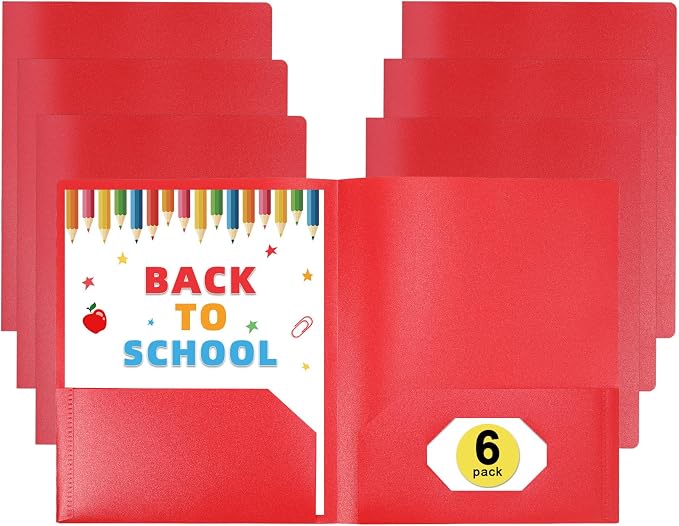 MystiCharm Folders with Pockets Back to School Supplies for Students Teacher 6 Pack 2 Pocket Red Plastic File Folders Bulk for Documents Resume Homework Paper School Office Supplies Accessories