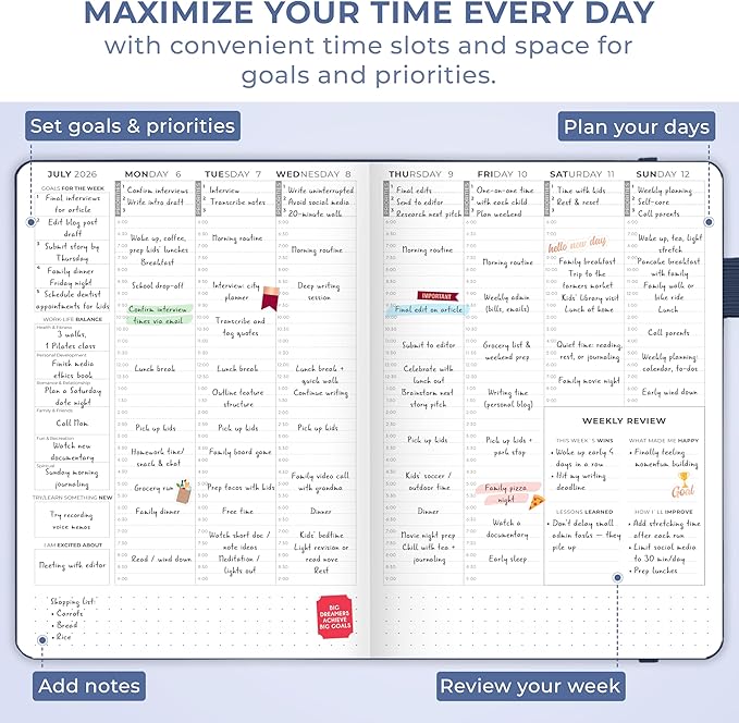 Clever Fox Dated Hourly Weekly Planner 2026 – Daily, Monthly & Yearly Agenda Organizer with Time Slots – Hardcover Journal, A5 Size (Dark Blue)