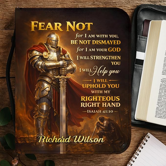 Personalized Man of God Bible Cover for Men, Christian PU Leather Bible Case with Handle Zipper, God Says I Am Warrior Scripture Bible Holder, Religious Gift for Men (I Will Strengthen You)