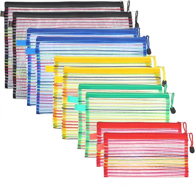 HESTYA 10 Pcs Mesh Zipper Pouch Bags for Organizing 5 Sizes, 5 Colors Large Small Pouch Bulk Cosmetics Purse Toiletry Travel Cases Multipurpose Makeup Document File Storage for Home Offices Supplies