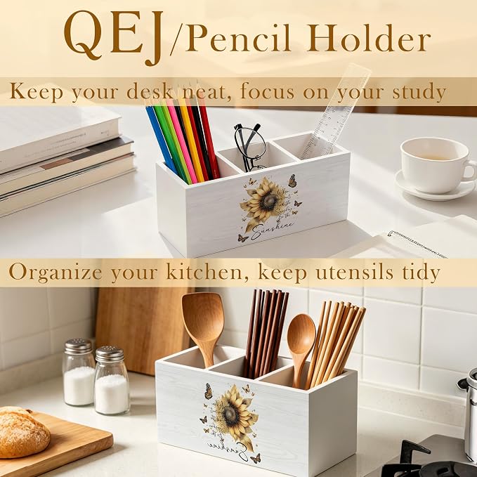 Sunflower Motivational Pen Holder for Desk, Inspirational Gifts for Women, Positive Affirmation Wooden Box Pencil Pen Organizer for Home Office Desk Tabletop