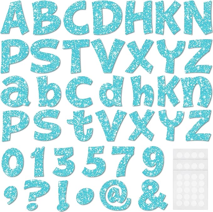 Colarr 216 Pcs Glitter Bulletin Board Letters for Classroom Number Alphabet Punctuation Symbol Cutout 4'' Die-Cut Poster Letter with Adhesive Dot School Party Holiday Decor Display(Light Blue)