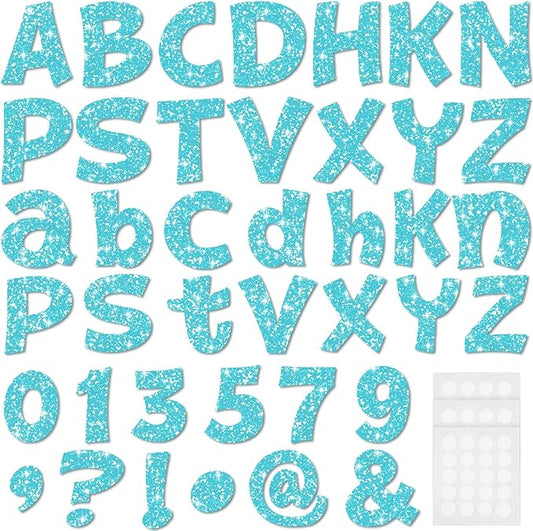 Colarr 216 Pcs Glitter Bulletin Board Letters for Classroom Number Alphabet Punctuation Symbol Cutout 4'' Die-Cut Poster Letter with Adhesive Dot School Party Holiday Decor Display(Light Blue)