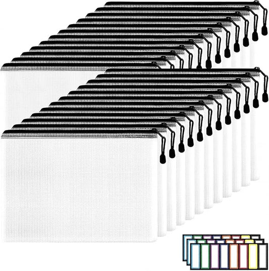 EOOUT 24pcs A4 Zipper Pouch Bags, Mesh Pouch Bags with Labels for Board Games & Puzzles Supplies, Waterproof Document Zipper Cases for School Toys Office Cosmetics Travel Storage,Black