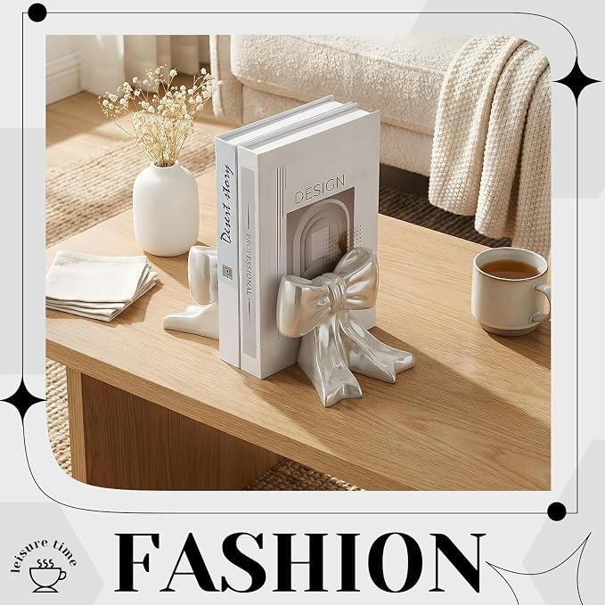 Leinuosen 2 Pcs White Bow Bookends Ceramic Cute Book Ends Decorative Book Stand Bow Sculpture Statues Tabletop Shelf Ornament Room Decor for Home Office School Dorm Girl Desk