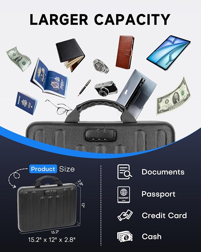 DOZAWA Fireproof Document Box, Hard Case Document Organizer with Lock, 13 Pockets Accordion File Folder with Reflective Strip, Waterproof Safe Box for Important Documents & Valuables Storage, Black