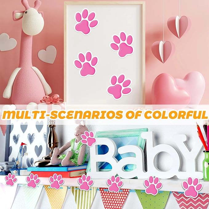 Junkin 60 Pcs Mini Paw Prints Cutouts Accents Bulletin Board Patrol Table Decorations Wall Decal Poster for Kids Educational School Home Party Supplies (Pink Purple)