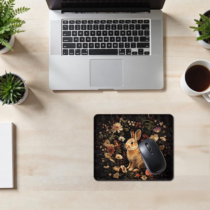 Vintage Floral Bunny Mouse Pad, Gifts for Bunny and Rabbit Lovers, Dark Cottagecore Moody Flower Rabbit Mouse Pad for Home Office Computer Gaming Desk Essentials, 9.5x7.9 Inch