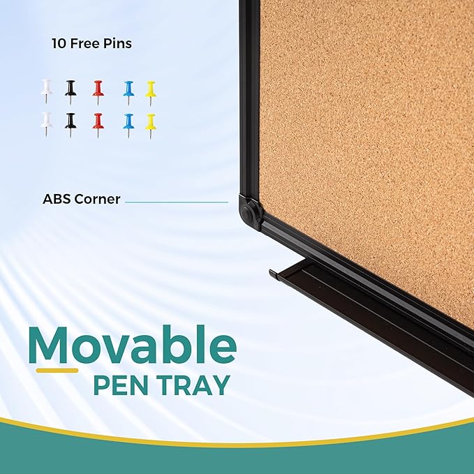 Magnetic White Board and Cork Board Combo, 24" x 18" Combination Bulletin & Dry Erase Board, Wall Mounted for Home, School and Office, Black Aluminum Frame