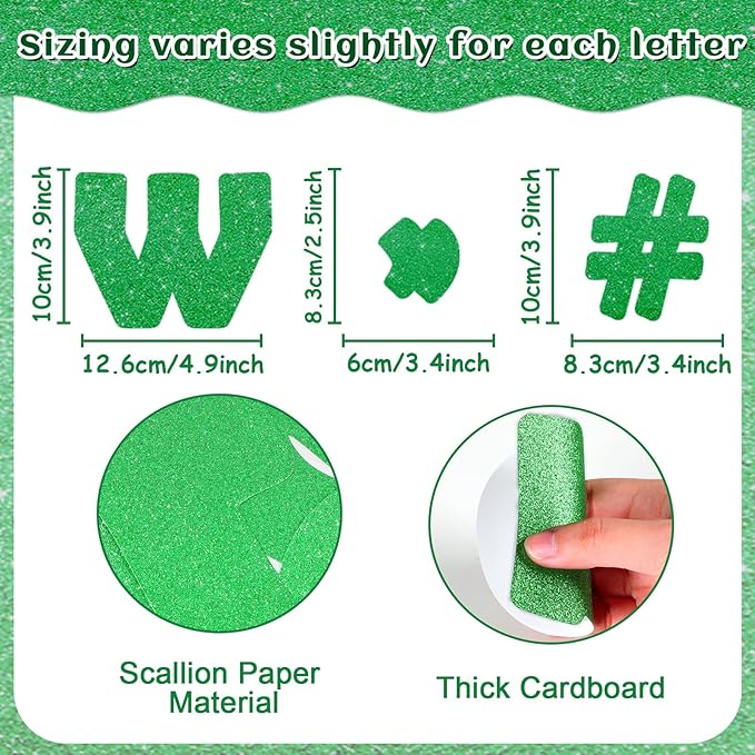 Qyeahkj 260Pcs Glitter Green Spring Bulletin Board Letters for Classroom 4” St. Patrick's Day Letter Combo Pack Set Numbers Alphabet Board Punctuation Symbol Cutout for School Classroom Wall Decor