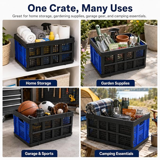 Collapsible Storage Crate, Heavy Duty Foldable Plastic Storage Bin, Stackable Trunk Organizer for Car, Garage, Home & Office, 49L Utility Basket, Blue, 1 Pack