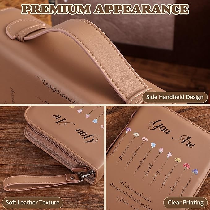 Vintage Bible Cover Case, Genuine PU Leather Large Bag with Handle & Zippered Pocket, Elegant Floral Pattern, for Standard Size & Bible Accessories, Ideal Gift for Women Families Faith Lovers