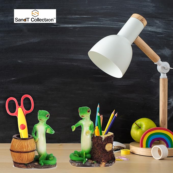 Green Gecko Pencil Holder with Tree Stump or Barrel Storage, Figurine Desktop Accessory (Barrel)