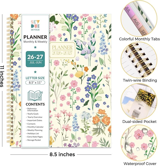 SKYDUE 2026-2027 Monthly and Weekly Academic Planner, July 2026-June 2027, 8.5"x11", Agenda Calendar with Colorful Tabs and Storage Pocket, Ideal for School Office Supplies