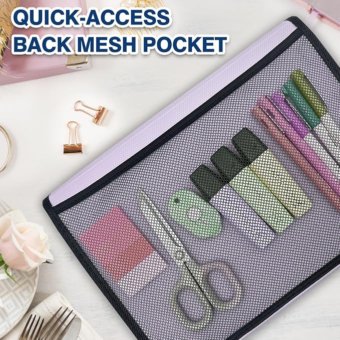 H4D 13-Pocket Accordion File Organizer with Mesh Pocket, Expanding File Folder with Tabs, Expandable Document Organizer for Home Office School, Letter Size, Pale Lilac