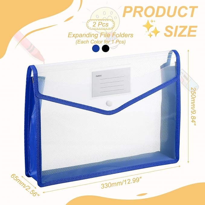 PATIKIL Plastic Expanding File Folders, 2 Pack A4 File Folder Envelopes Letter Size Document Organizer Supplies with Snap Closure for Classroom Office, Blue/Black, Horizontal