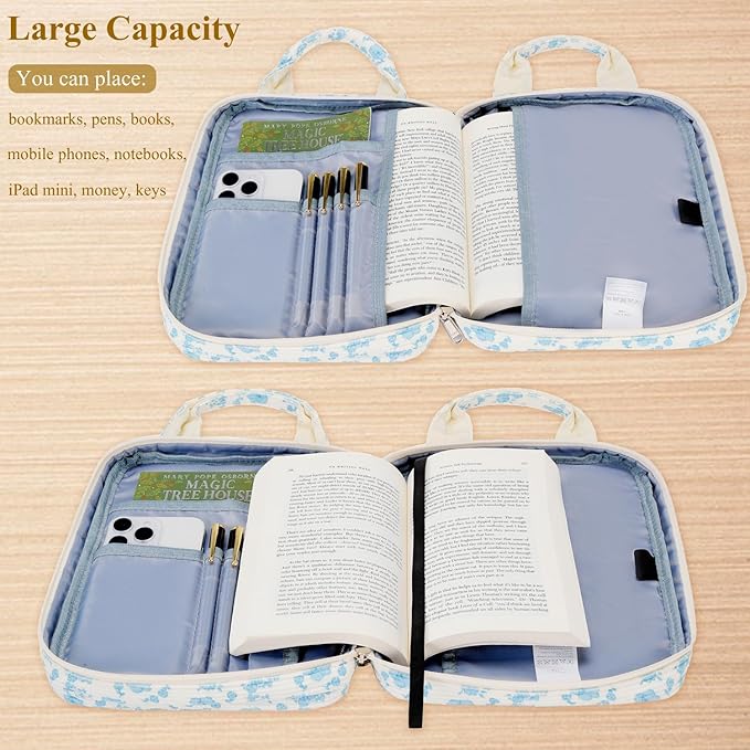 DSIUE Bible Cover Case for Women Gilrs Corduroy Bible Carrying Case Book Holder/Carrier/Bag with Handle and Pockets, Blue Floral