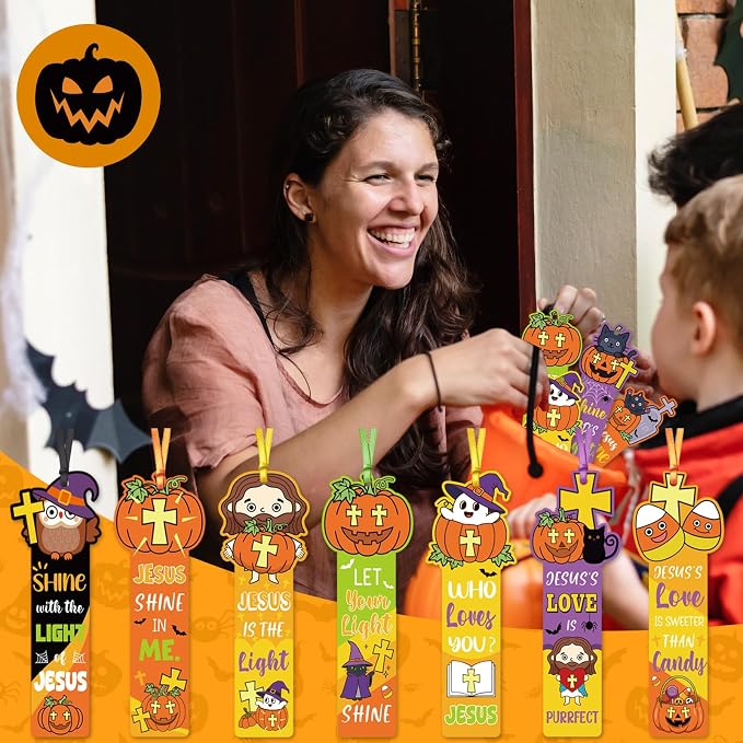 120 Pcs Religious Halloween Pumpkin Bookmarks Halloween & Thanksgiving Gift Flliers Christian Religious Pumpkin Bookmark Giveaways for Sunday School Halloween Party Favors for Classmates
