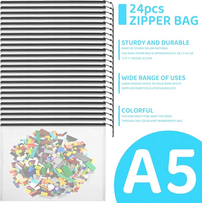 YOPCDJ 24pcs Mesh Zipper Pouch Bags, A5 9.4 x 6.9 Inches Reusable Zipper Bags Puzzle Storage Organizer Black Multipurpose for Travel Board Games Toys Office Supplies and Classroom Organization