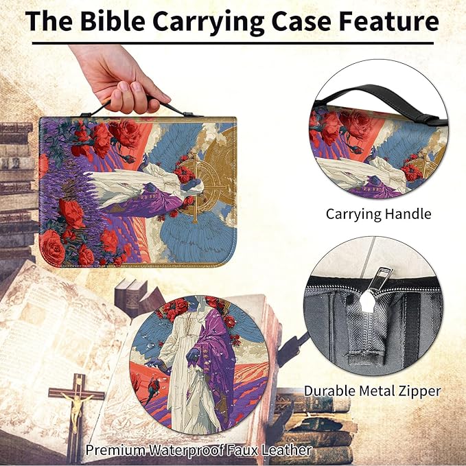 Bible Cover for Men Women,Large Leather Bible Case Fit Book Up to 11x8x2 Inch,Virgin Mary in Rose Garden Bible Covers Bible Carrier Church Bags w/Handle & Zipper
