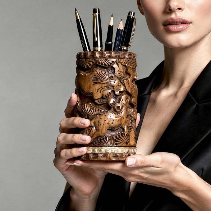 Craft Trade Premium Handcrafted Wooden Desk Organizer - Hand Carved Pen & Pencil Holder for Study Table - Natural Wood Stationery Storage Box, Elegant Office Desk Accessory