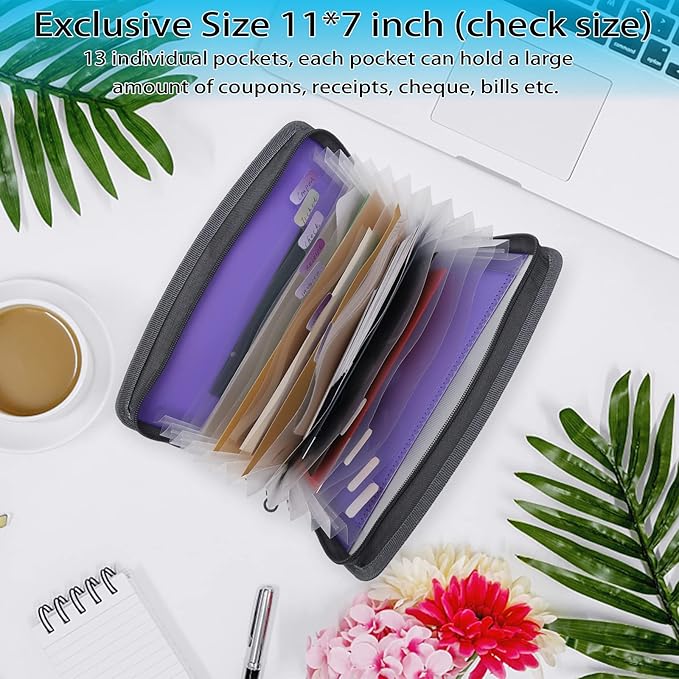 NAFY Small Accordion File Organizer, A5 Check Size 13 Pockets Coupon Receipt Holder Organizer with Zipper, 11X7 Inches Accordion Expanding Folder Wallet for Coupon, Receipt, Bills, Cash(Lavender)