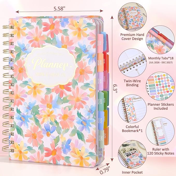 Planner 2026-2027, Floral 18 Months Academic Daily Weekly Monthly Planner Yearly Agenda July. 2026–Dec. 2027, 5.58" x 6.3", Month Tabs, Pocket Folder, Bookmark, Stickers,Ruler with Sticky Note Set