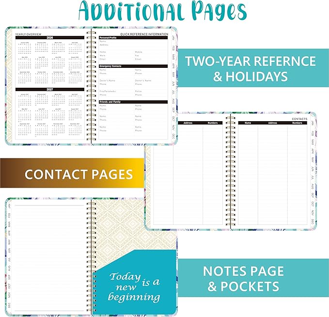 2026 Weekly and Monthly Planner, Medium 6.2 x 8.5 Inch, Hardcover with Floral Design, Jan-Dec Calendar, Spiral-Bound with Monthly Tabs, 100 GSM Paper (yellow flower) (puple blue flower))
