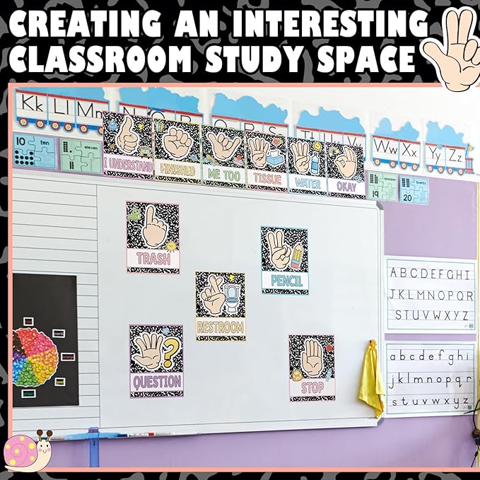 MotiMind 15 Pcs Classroom Hand Signal Cards Signal with Adhesive Tapes Decor Classroom Learning Bulletin Board Hand Signals Language Posters for Teachers Students Visual Cues(Composition Notebook)