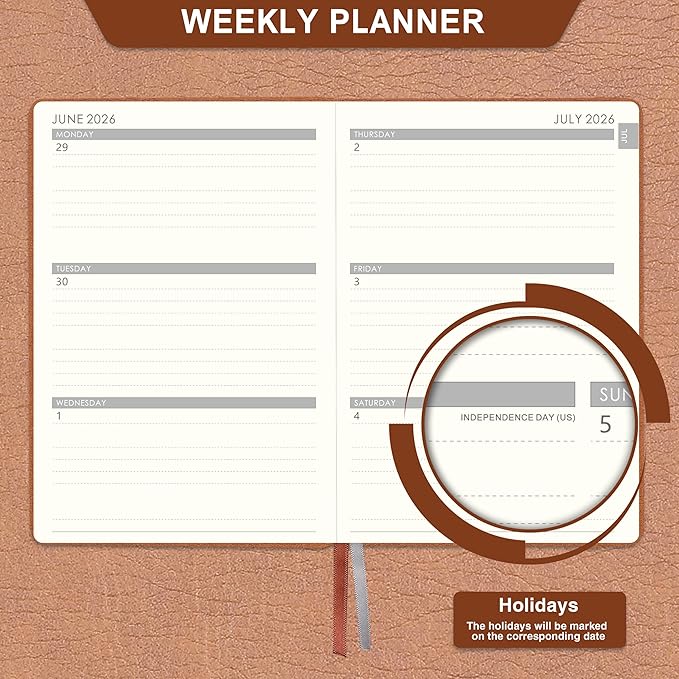 2026-2027 Planner - 2026-2027 Weekly Monthly Planner, July 2026 - June 2027, 5.85'' x 8.5'' Academic Planners with Leather Cover, Pen Holder, Bookmarks