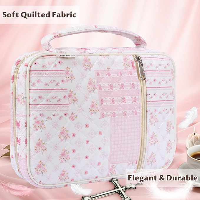 shirabags Quilted Bible Cover Case for Women - Elegant Cotton Bible Bag for Study, Church, Christian Gifts for Women (Pink Bow Patchwork, L)