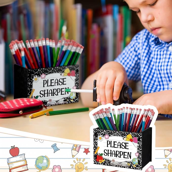 Sherr 2 Pcs Wood Pencil Holder Pencils and Sharpener Shaped Sharp and Dull Pen Holder Back to School Wooden Dispenser Storage Organizer for Classroom(Composition Book,Black and White)