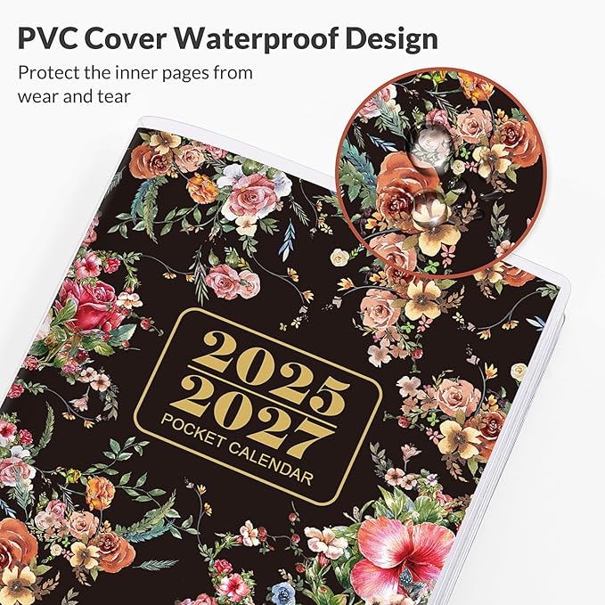Phyxin 2026 Pocket Calendar, Two Year Pocket Planner - Runs From Sep 2025 Until Dec 2027, Small Planner - 6.7" x 3.7", Small Calendar for Women, Students, Black Flowers