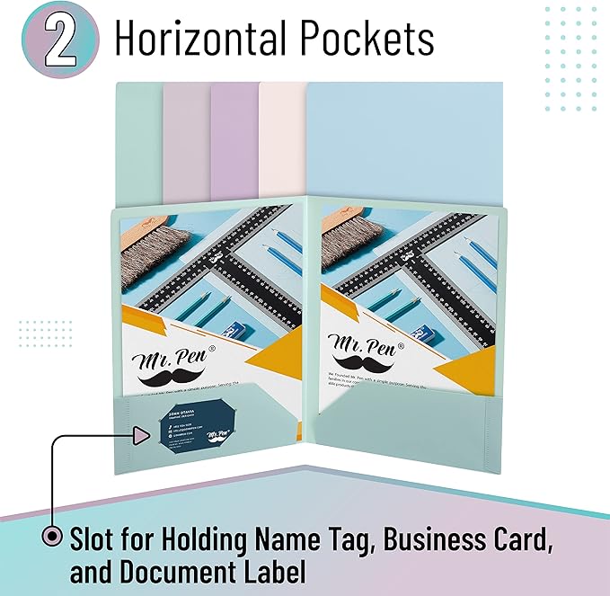 Mr. Pen- Plastic Folders with Pockets, 5 pcs, Aesthetic File Folder with Business Card Slot, 2-Pocket Folder, Back to School, Office, Filing Supplies