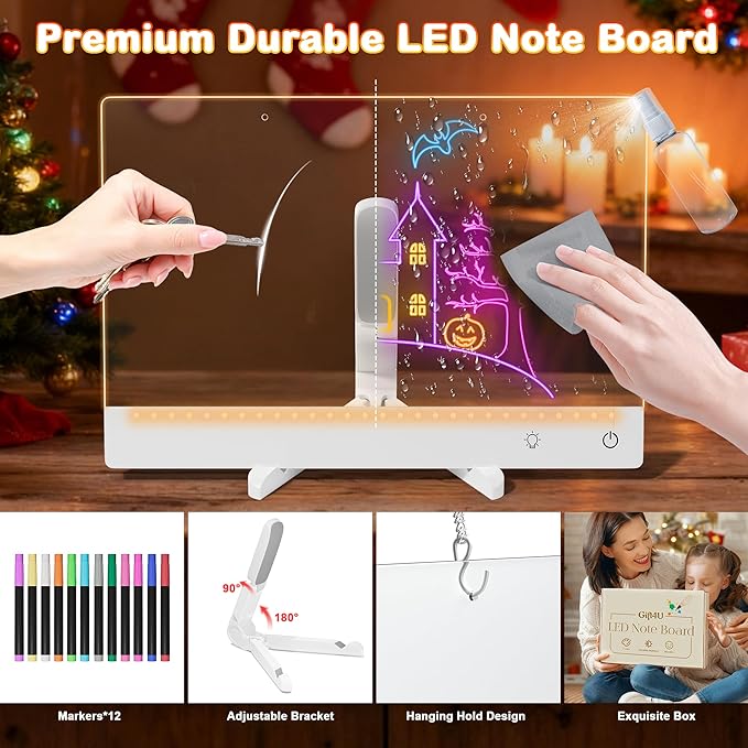Rechargeable Lumi LED Drawing Board with 12 Markers, Large Size 15.8"x11.9" LED Note Board Acrylic Dry Erase Board with 7 Colors,Doodle Glow Message Board for Christmas Halloween Birthday Gifts(White)