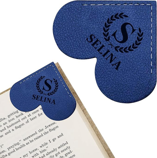EDSG Personalized Leather Heart Bookmark, Corner Bookmark Book Marks Clip with Birth Flower & Name, Bookmarks for Women Men, Reading, Teachers, Birthday, Graduation Christmas(Blue-Heart)