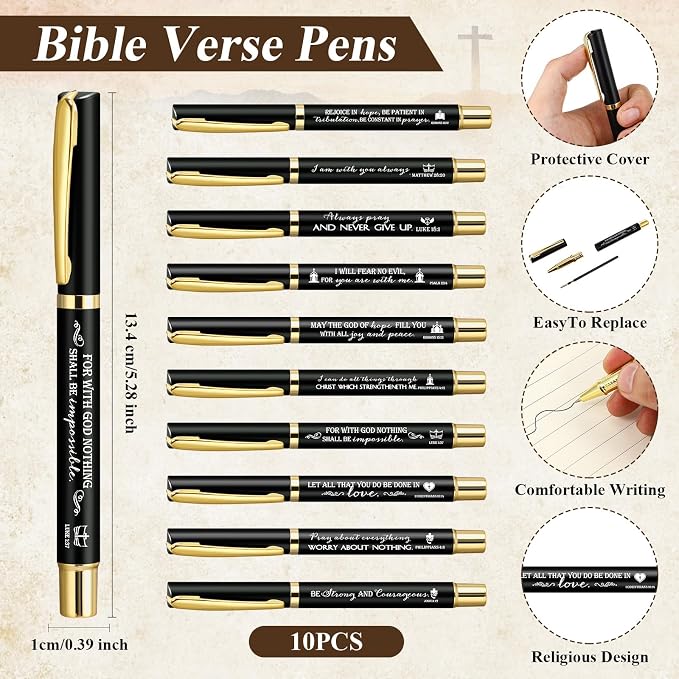 Gueevin 10 Sets Fathers Day Christian Gifts Bulk Bible Verse Pens Christian Religious Bookmarks and Bible Keychains Church Appreciation Gift for Graduation End of Year Teacher School (Black)
