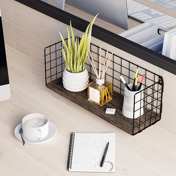 Floating Cubicle Shelf with Hooks, Paulownia Wood Desktop Organizer for Office Cubicle Decor, Desk Shelf for Top of Desk & Cute Cubicle Accessories for Work