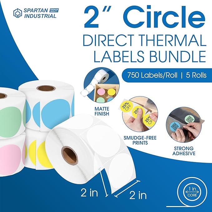 Spartan Industrial - 2" Circle Direct Thermal Labels - 5-Color Set (3750 Count, 5 Rolls) - 2 Inch Color Thermal Labels for Logo, Packaging, Organization - Compatible with Zebra and Rollo Printers