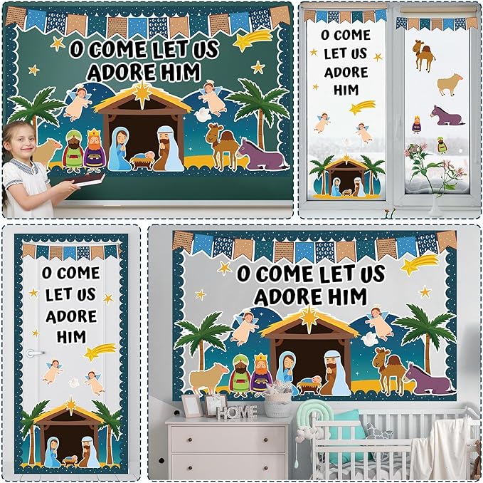 Justforjoyful Religious Christmas Bulletin Boards Christian Nativity Scene Bulletin Board Decorations Set Jesus Birth Bible Classroom Decor Paper Border Cutout for Sunday School Church Chalkboard Wall