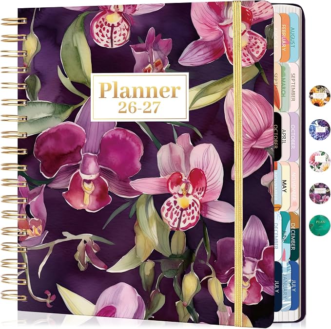 CAGIE 18 Month Planner July 2026 - December 2027, Academic Year Weekly & Monthly Planner with Tabs, 8.3 x 9.3 Floral Hardcover Organizer with 100GSM Thick Paper and Elastic Band for Women School Office