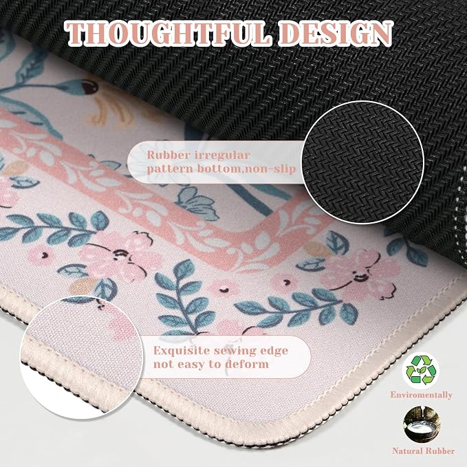 iCasso Pink Aesthetic Flower Mouse pad for Laptop, Desk Matt for Desktop 13.7"x23.6", Anti-Slip Mousepad with Stitched Edges for Laptop Computer Keyboard(Pink Floral)