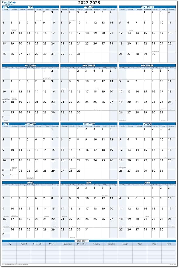 Fiscal/Academic Split Year July 2027 to June 2028 Vertical 12 Month Wall Calendar 36" x 24" - Dry & Wet Erasable with Next Year Planner Area. Complete with Fine tip Dry-erase Marker and Eraser