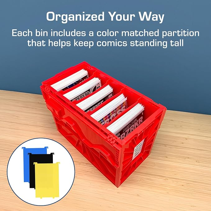 BCW Short Comic Book Bin 5 Pack – Assorted Colors | Comic Book Storage Box Set | Plastic Comic Organizer | Heavy Duty Acid-Free Bin with Partitions