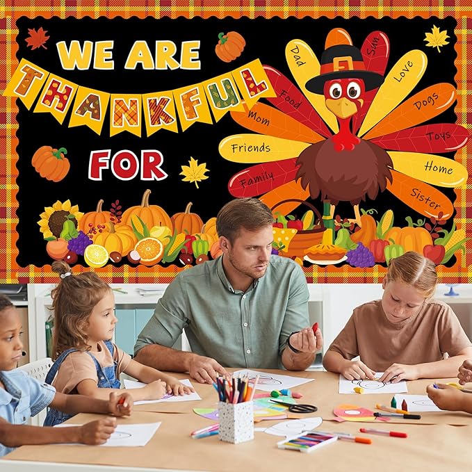 gisgfim 59 Pcs Thanksgiving Turkey Bulletin Board Set We Are Thankful Autumn Fall Thanksgiving Classroom Decorations Pumpkin Maple Leaves for Cutouts for DIY Craft Harvest School Home Wall Decorations